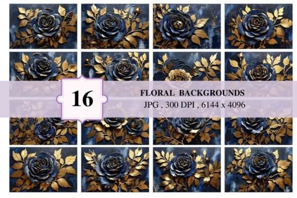 16 Floral Backgrounds 50: Deep Blue & Gold Luxury