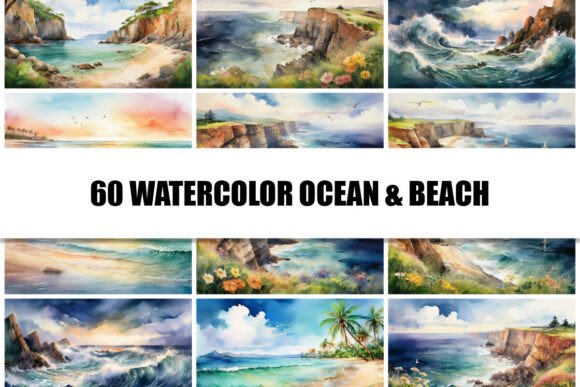 60 Watercolor Ocean & Beach Backgrounds for Designers