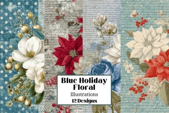 Blue Floral Christmas JJ Backgrounds: Festive Digital Paper