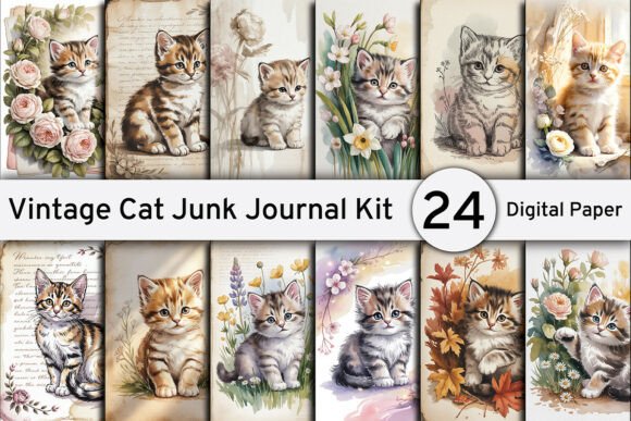 Charming Vintage Cat Junk Journal Kit Backgrounds for Creative Projects